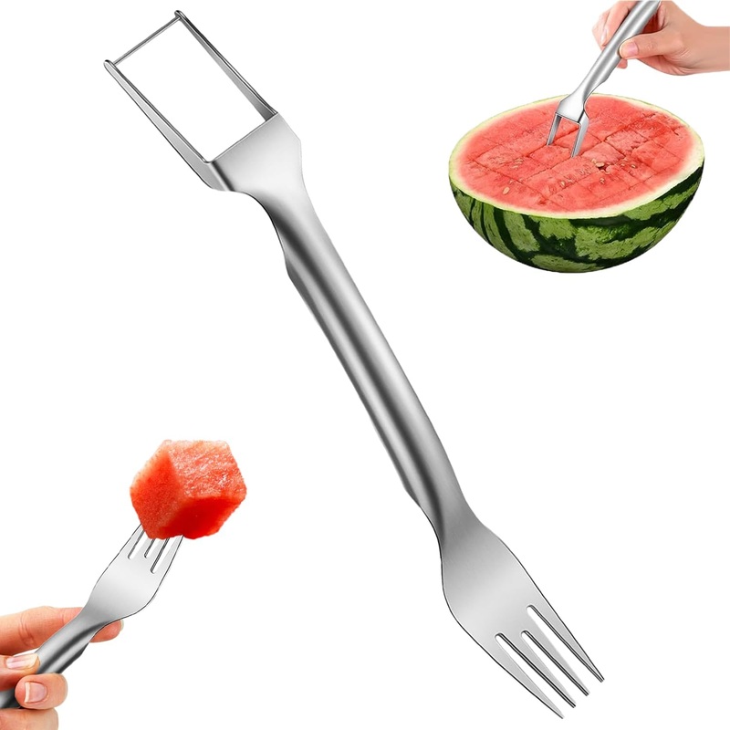 2-in-1 Watermelon Cutter & Slicer Stainless Steel Windmill Watermelon Cube Cutting Tool with Fork  Easy & Mess-Free Fruit Slicer for Watermelon, Cantaloupe, Melon Kitchen & Picnic Gadget