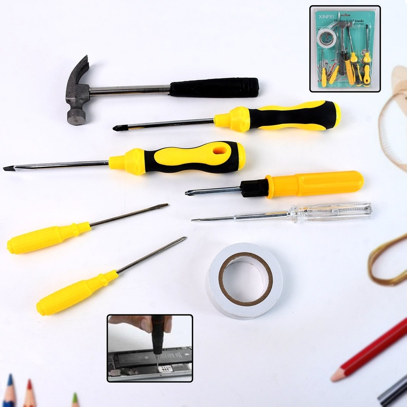 8 In 1 Hand Tool Kit, Steel And Plastic Hammer, Screwdriver & Tape