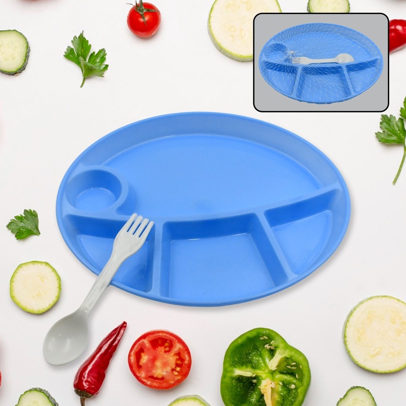 Plastic Food Plates / Biodegradable 5 Compartment Plate With Spoon for Food Snacks / Nuts / Desserts Plates for Kids,Reusable Plates for Outdoor, Camping, BPA-free(1 Pc)