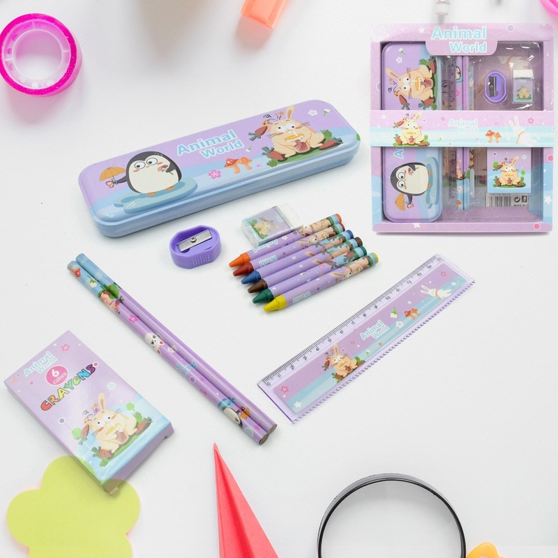 School Supplies Stationery Kit with 1 Pencil Box Case 2 Pencils 6 Crayon Colors 1 Ruler Scale 1 Eraser 1 Sharpener Stationary Kit for Girls Pencil Pen Book Eraser Sharpener Crayons – Stationary Kit Set for Kids Birthday Gift (12 Pc Set)