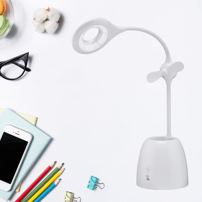 Rechargeable LED, LED Desk Lamp with Pen Container Fan, Interior Lighting for Study, Children’s Room, Bedroom or Office, Perfect for Emergency, Study, Reading and Home USB Cable Included