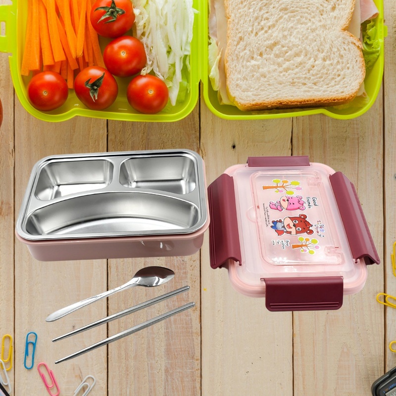 FoodSafe Materials Kids Lunch Box With steel  Spoon & chopsticks Compartment is Designed Made of 304 Stainless Steel Easy to Clean for School for Camping for Work for Home, Office