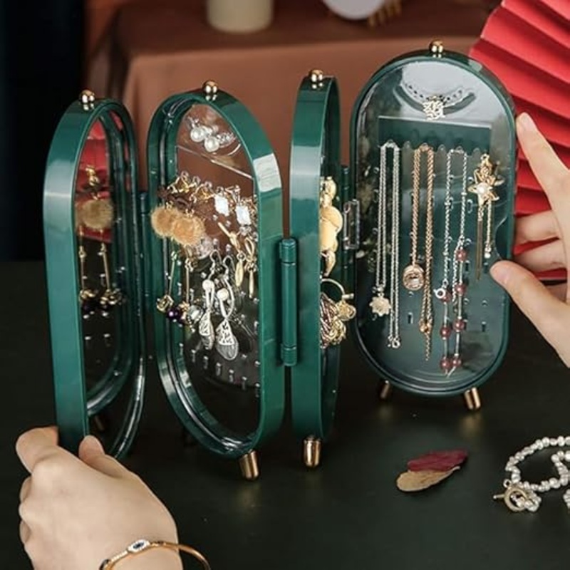 3 FOLD JEWELLERY BOX Earring Holde Organizer Box with Mirror Necklace Jewelry Organizer with Folding Jewelry Travel Case Small for Women Hanging Necklace