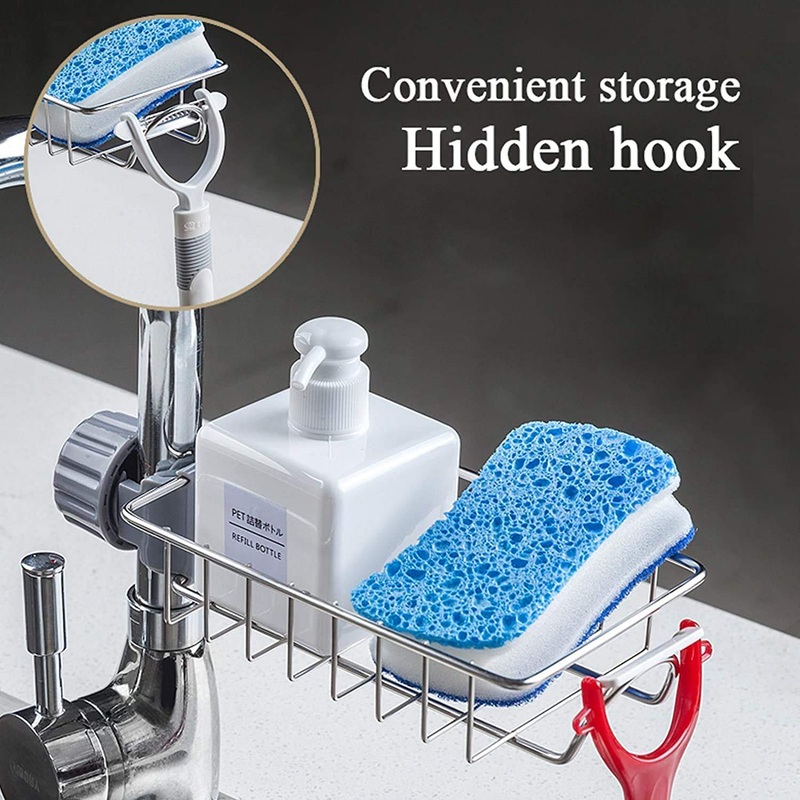 Kitchen Sink Faucet Sponge Holder Caddy Organizer Over, Stainless Steel Heavy Duty Thickening Hanging Drain Rack for scrubbers, soap, Bathroom, Detachable no Suction Cup Bathroom soap Holde