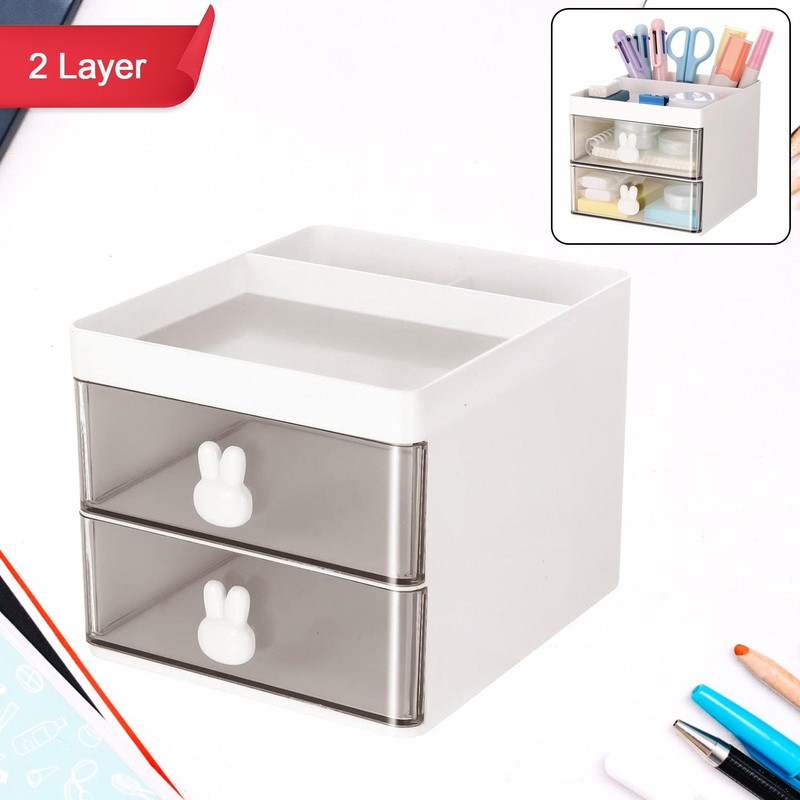 2 Layer 5 Compartment Desk Organizer with Transparent Drawer (1 Pc / 151311 Cm)