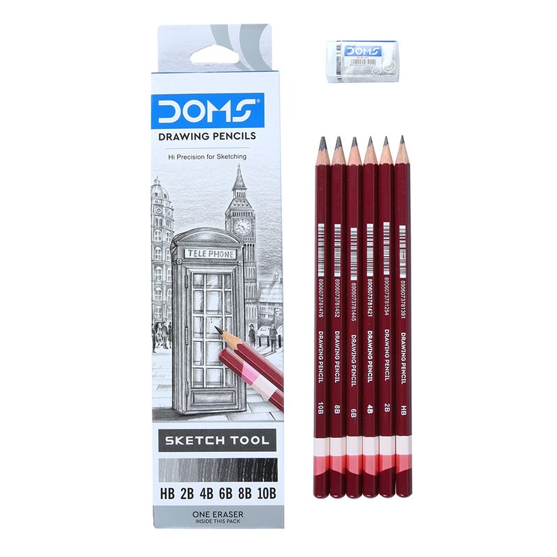Doms Drawing & Sketching Graphite Pencils – Grade HB, 2B, 4B, 6B, 8B & 10B | Hi Precision For Sketching | Dark & Neat Drawing | Comes With 1 Eraser (Pack of 6 )