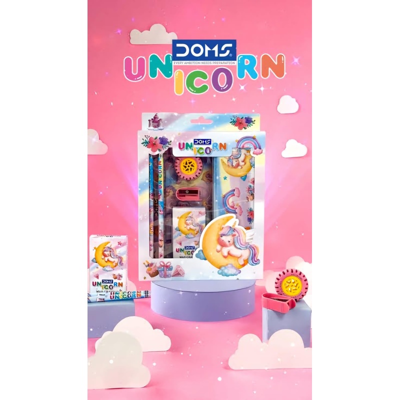 DOMS Unicorn Stationery Kit| Includes 1 Unicorn Compass Box,1 Sports Wheel Shape Eraser, 1 Sharpener, 2 Unicorn Pencils & 1 Pack of 12 Shades Wax Crayons| A Beautiful Gift for Children