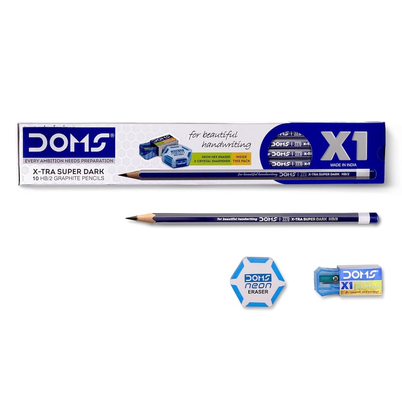 DOMS X1 Xtra Super Dark Pencils Box Pack|Hexagonal Shape For Easy Holding&Comfort|Free Eraser|Scale&Pencil Cap Inside|Dark&Neat Handwriting|Pack Of 10 Pencils|Black