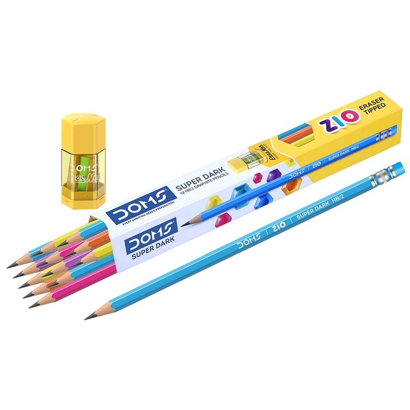 Doms Zio Eraser Tipped Super Dark HB/2 Graphite Hexagonal Black Pencil 10 Pcs with Free Erasner, 8364 (Pack of 10 Box)