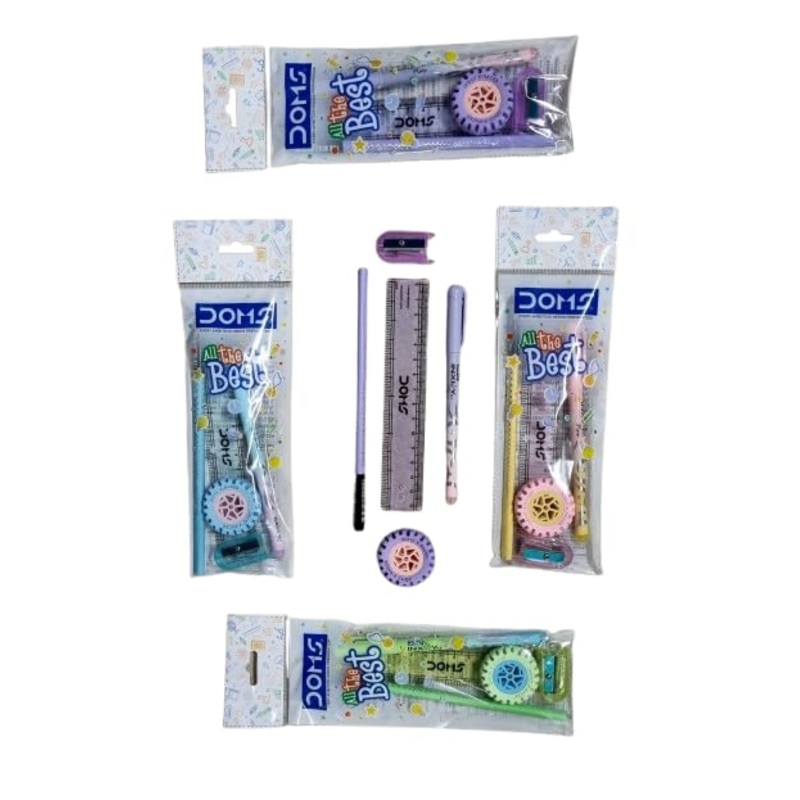 ms All The Best Stationery Kit| Includes 1 Each- Inxify Plus Ballpen Blue Ink, 15 Cm. Scale, Triangle Pencil, Long Point Sharpener & Tyre Eraser| Exam Essential Kit For Children