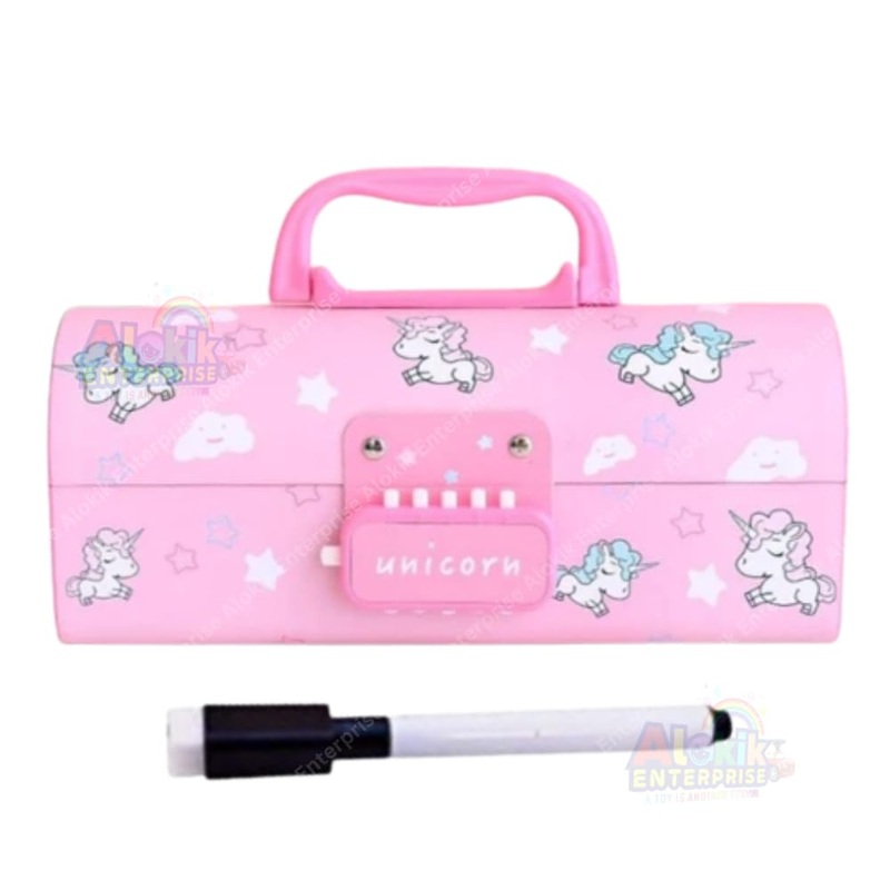 nicorn Pen & Pencil Box | Suitcase Style Password Lock Case, Multi-Layer Stationary Organizer for Kids, Return Gift, Pink