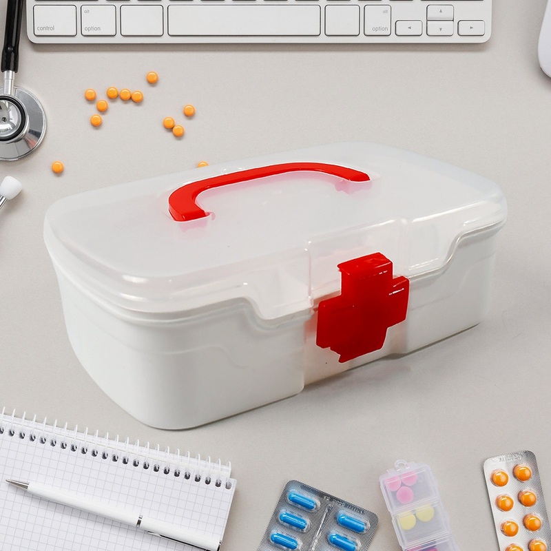 3-Compartment First Aid Box – Portable Medicine Storage with Detachable Tray & Transparent Lid
