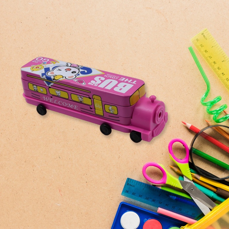 Double Decker Metal Bus Compass Case  2-Layer with Movable Wheels & Sharpener for Kids