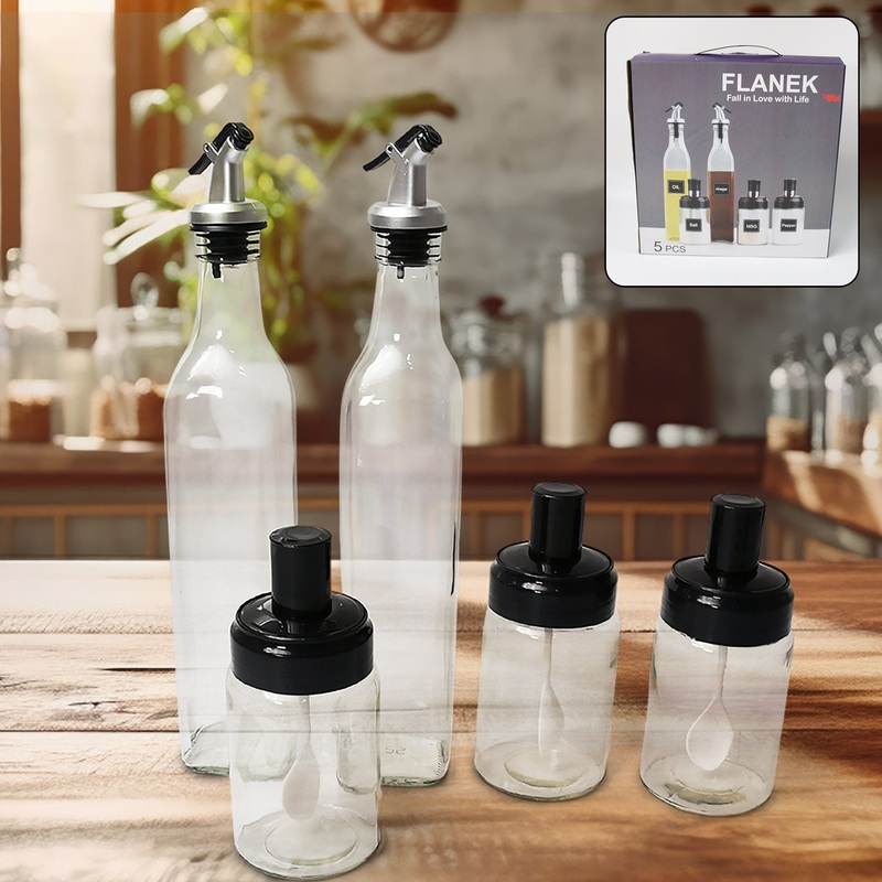Transparent GlassOil Dispenser 500 ML Bottle Set of 2, Spice Jar 250 ML Set of 3, Oil Bottle for Kitchen, Oil & Vinegar Storage Glass Bottle, Glass Container for Spice, Masala (5 Pcs Set)