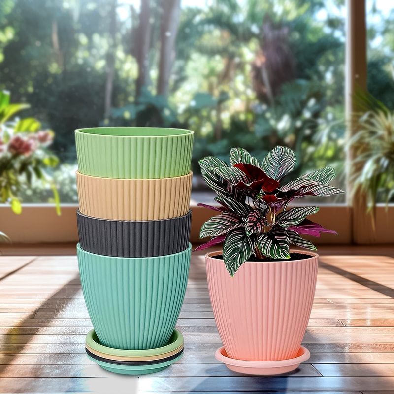Round Flower Pot with Bottom Tray (5 Pcs Set / Small / 1416 Cm)