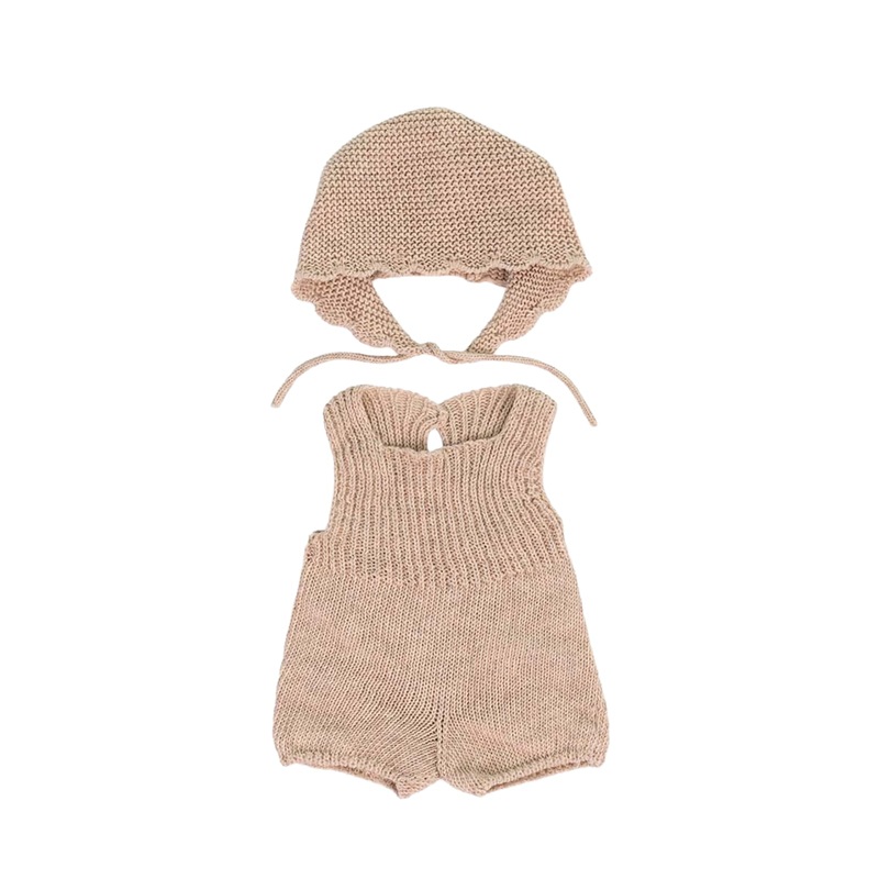 Knitted Doll Outfit Beige Romper and Bonnet – 38cm
