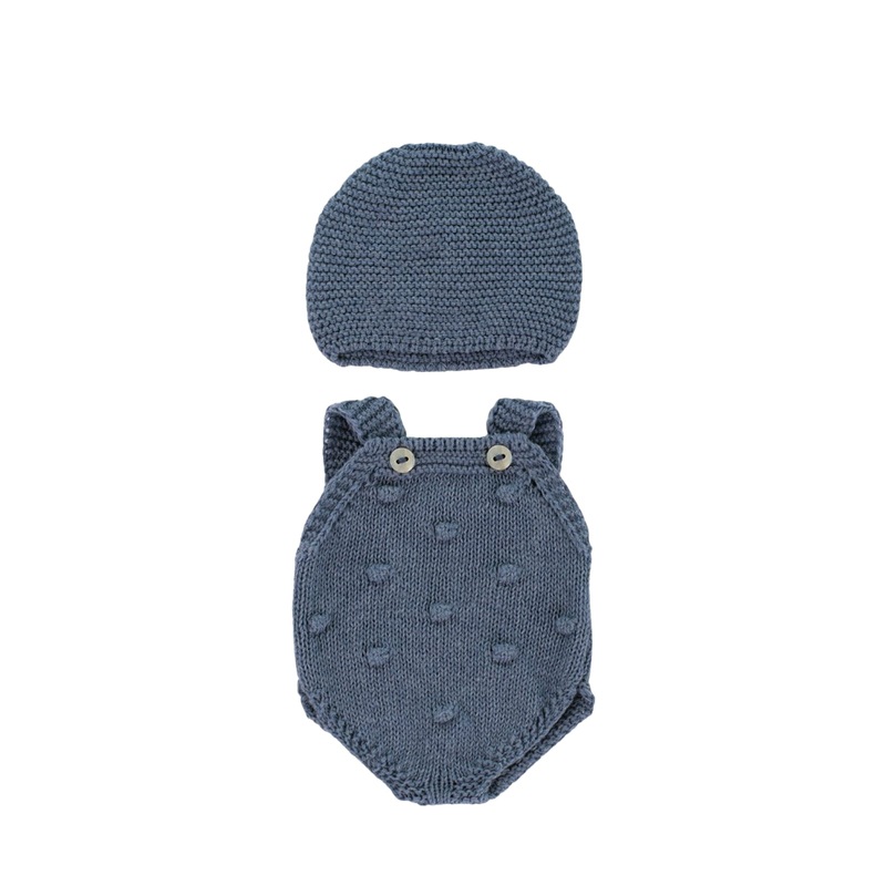 Knitted Doll Outfit Navy Romper and Bonnet – 32cm