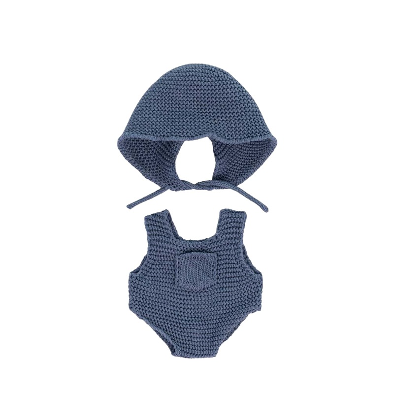 Knitted Doll Outfit Navy Romper and Hood – 21cm