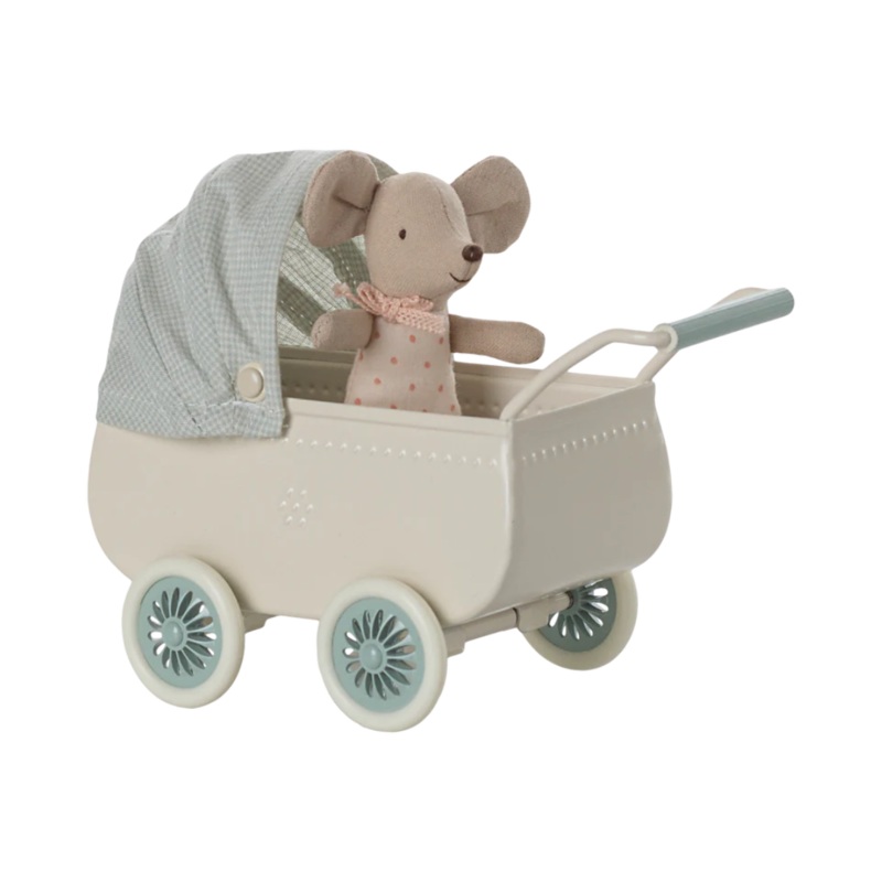Pram with Baby Mouse – Mint by Maileg