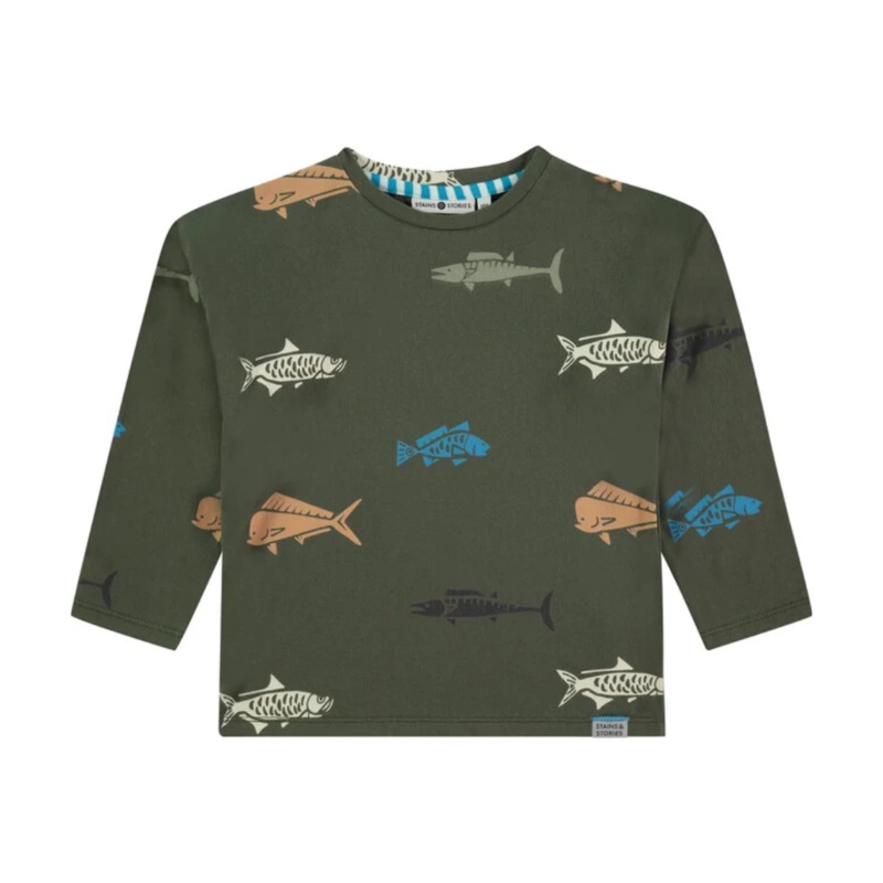 Fish Print Long Sleeve Tee – Army by Babyface – FINAL SALE