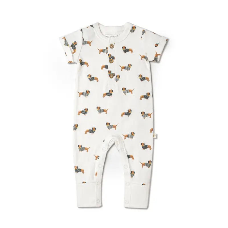 Organic Short Sleeve Button Romper – Dog by Makemake Organics