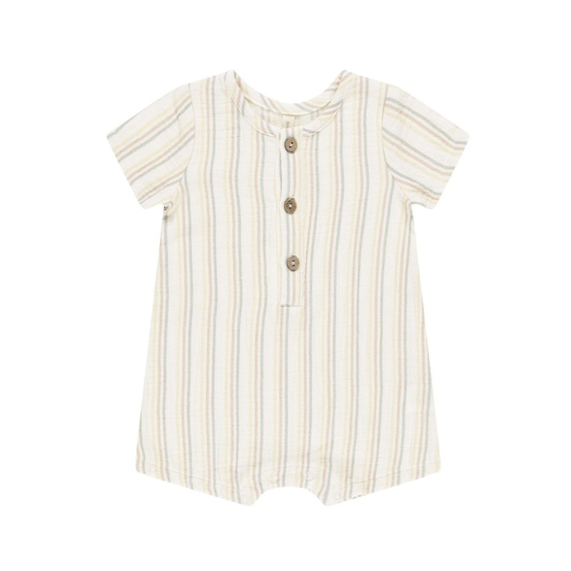 Short Sleeve Woven Romper – Summer Stripe by Quincy Mae