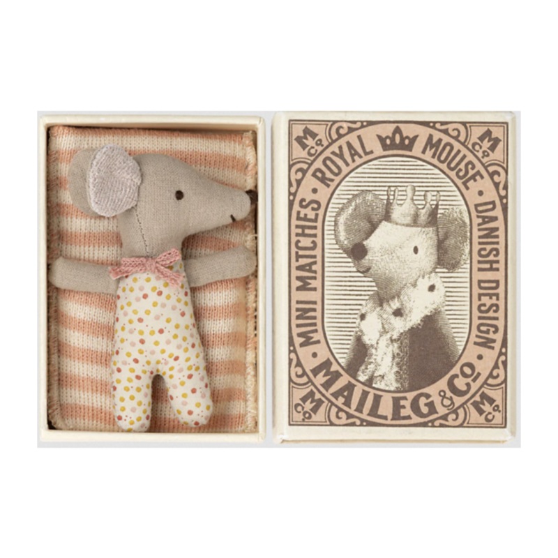 Sleepy Wakey, Baby Mouse in Matchbox – Rose (Polka Dot Pajamas) by Maileg
