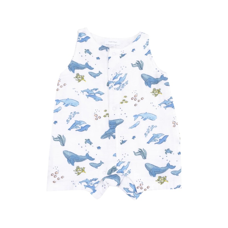 Muslin Sleeveless Shortie Romper – Watercolor Blue Whales by Angel Dear