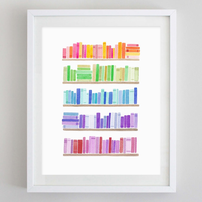 Bookshelf Rainbow Watercolor Print by Carly Rae Studio