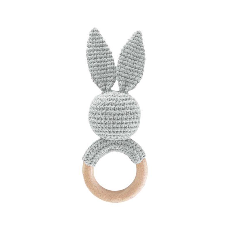 Cotton Crochet Rattle Teether – Grey Bunny by The Blueberry Hill