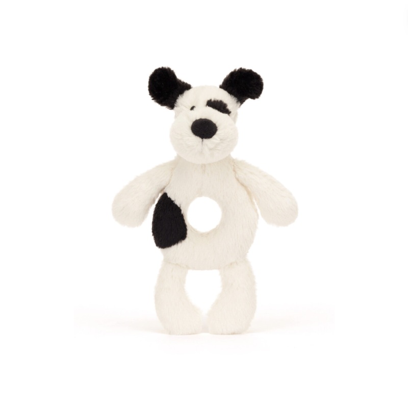 Bashful Black & Cream Puppy Ring Rattle by Jellycat