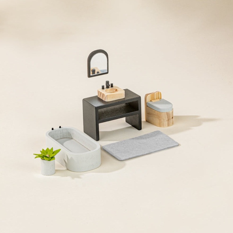 Wooden Doll House Bathroom Furniture and Accessories – 6 Pieces by Coco Village
