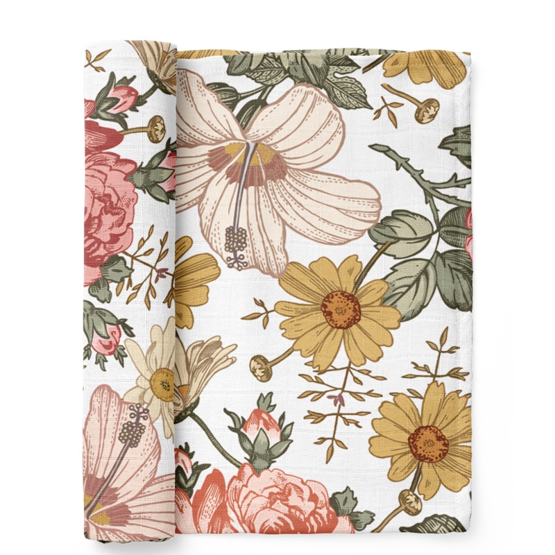 Garden Floral Muslin Swaddle – White by Mini Wander