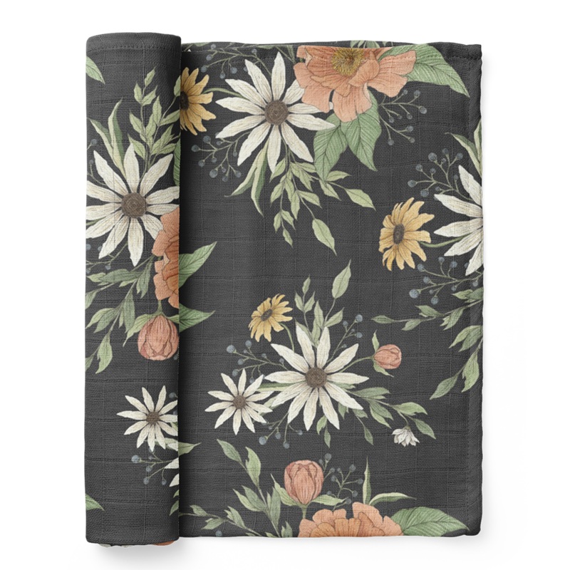 Peony Blooms Muslin Swaddle – Charcoal Grey by Mini Wander