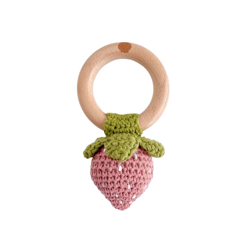 Cotton Crochet Rattle Teether – Pink Strawberry by The Blueberry Hill
