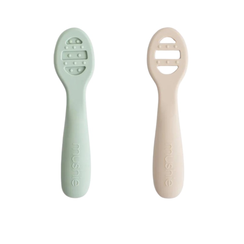 Silicone First Feeding Baby Spoons 2-Pack – Cambridge Blue/Shifting Sand by Mushie & Co