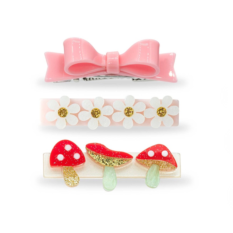 Mushrooms, Flowers and a Bow Hair Clips – Set of 3 by Lilies & Roses NY