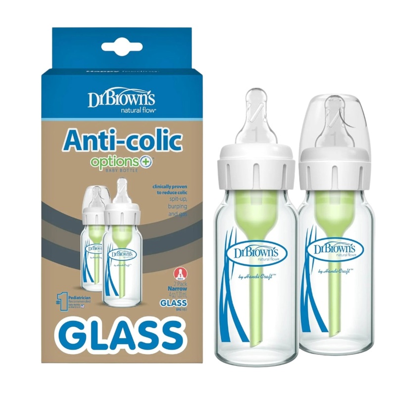 4oz Natural Flow Anti-Colic Options+ Narrow Glass Baby Bottle, with Level 1 Slow Flow Nipple – 2 Pack by Dr. Brown’s