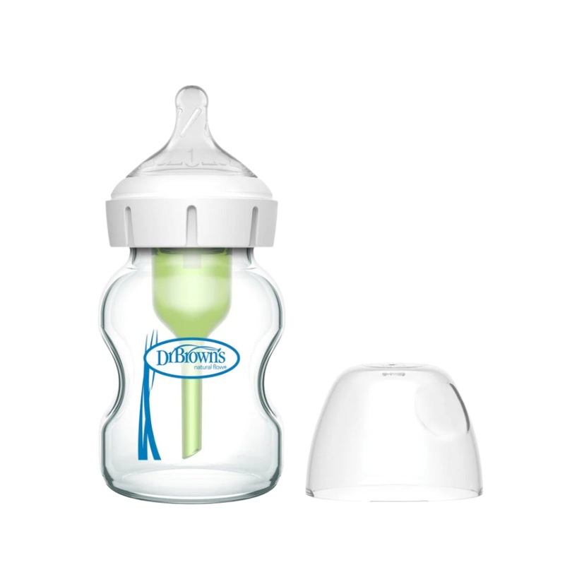 5oz Natural Flow Anti-Colic Options+ Wide-Neck Glass Baby Bottle, with Level 1 Slow Flow Nipple by Dr. Brown’s