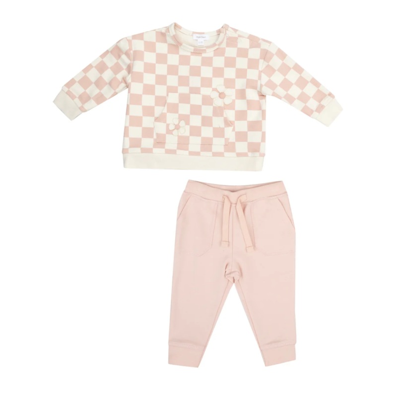 French Terry Daisy Patch Sweatshirt and Jogger Set – Pink Checkerboard by Angel Dear – FINAL SALE