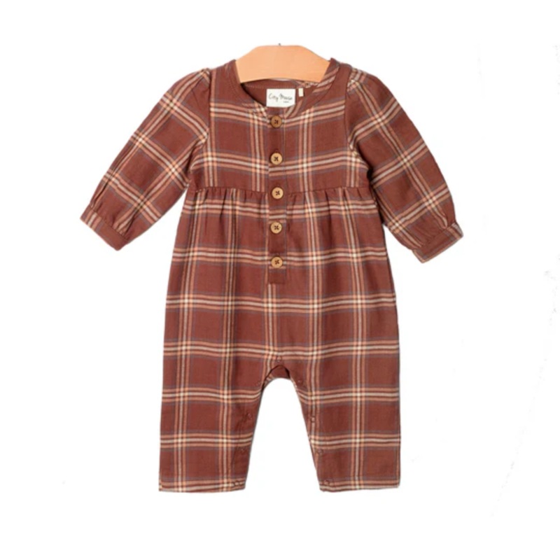 Henley Long Leg Romper – Flannel Rust by City Mouse – FINAL SALE