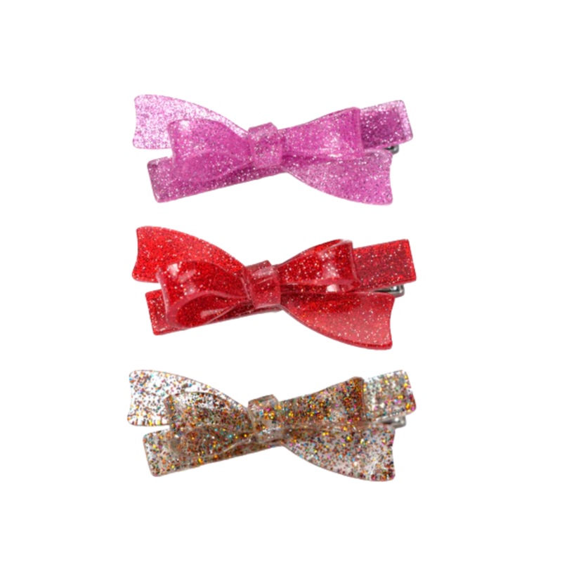 Bows Glitter Red Pink Multi Color Hair Clips – Set of 3 by Lilies & Roses NY