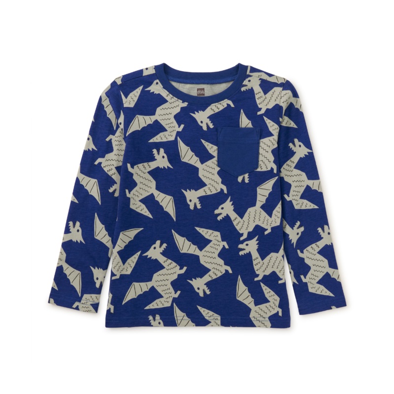 Long Sleeve Printed Pocket Tee – Winged Dragon by Tea Collection – FINAL SALE