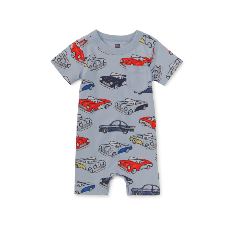 Pocket Shortie Baby Romper – Cuban Cars by Tea Collection