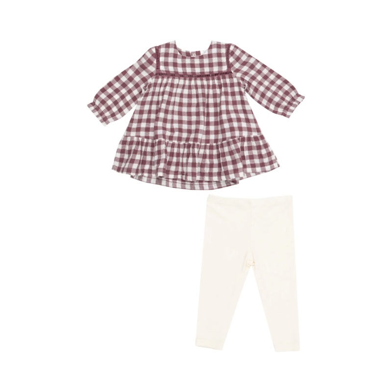 Ladder Trim Dress w/ Ribbed Legging – Gingham Plum by Angel Dear – FINAL SALE