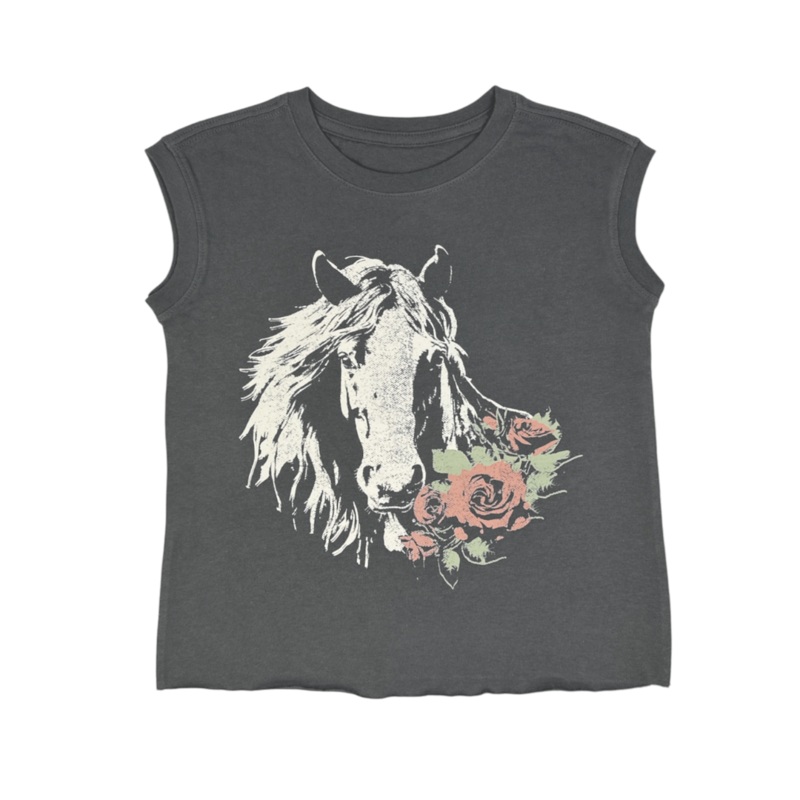 Ramblin’ Rose Boxy Muscle Tee – Vintage Black by Tiny Whales – FINAL SALE