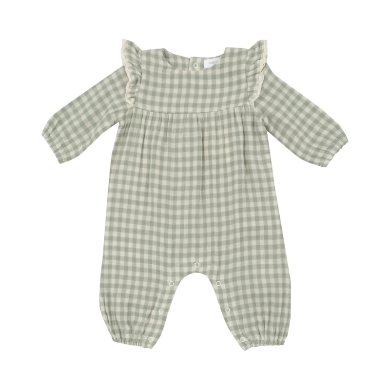 Ruffle Sleeve Romper – Mini Green Gingham by Angel Dear