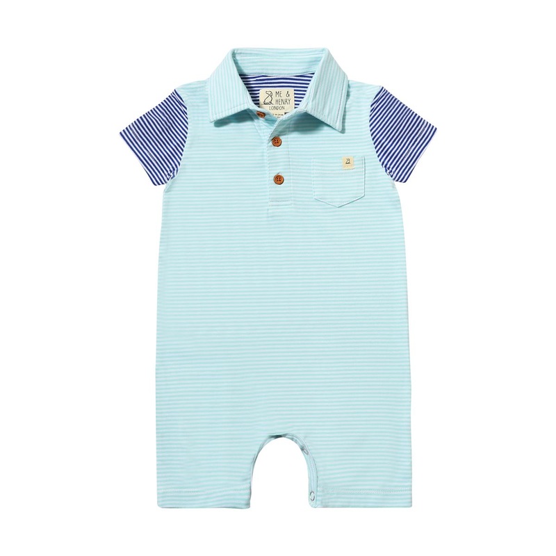 Saltash Polo Romper – Teal Stripe With Royal Blue Arms by Me & Henry