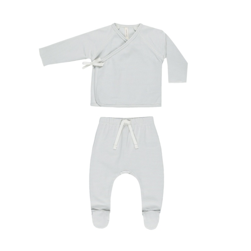 Wrap Top + Footed Pant Set – Sky Micro Stripe by Quincy Mae