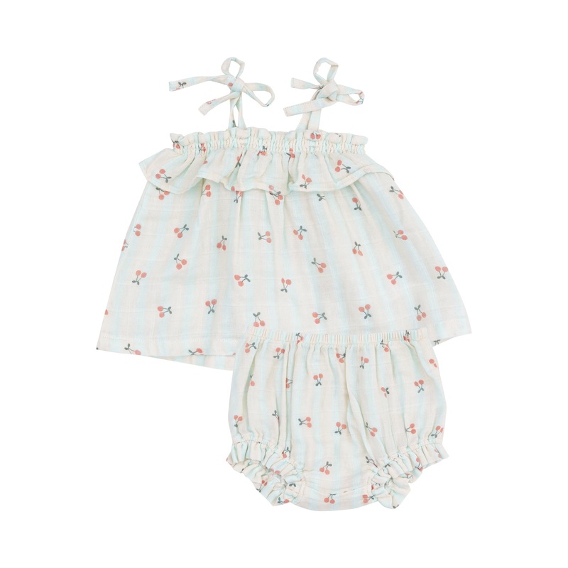 Muslin Ruffle Top & Bloomer – Cherry Stripe by Angel Dear